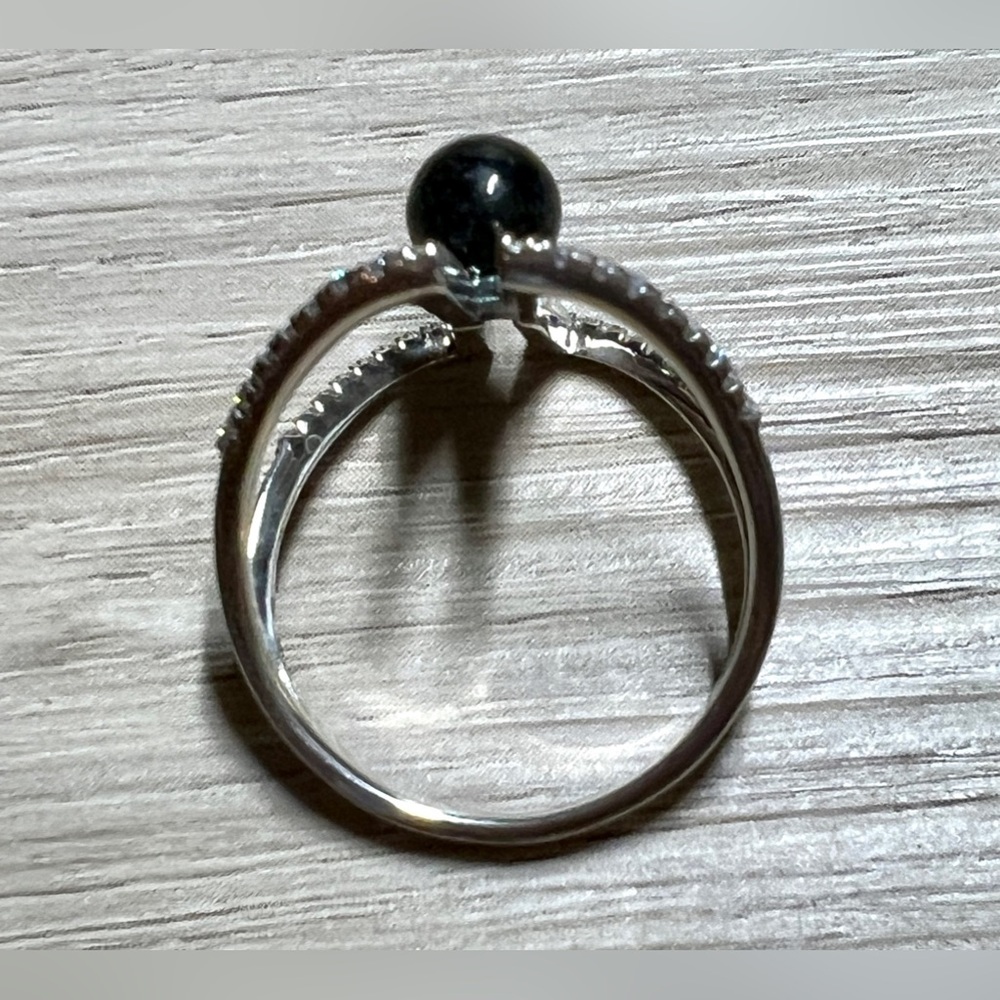 Jade of Yesteryear Sterling Silver Charcoal Jade & CZ Open Band Ring, Size 8.5 - Picture 6 of 10